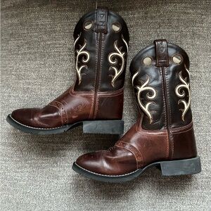 OLD WEST Child’s Size 4? Dark & Light Brown & Cream Design Cowboy Boots
